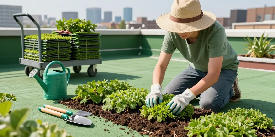 Sedumdak aanleggen met levendige sedumplanten die op een groen dak worden geïnstalleerd.