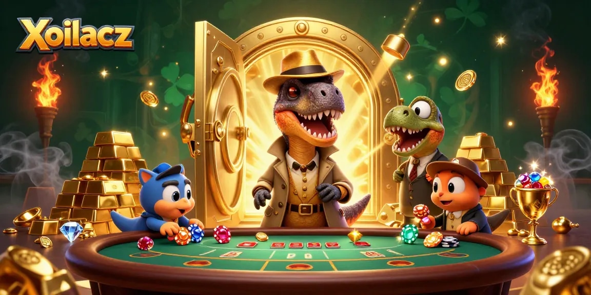 Xoilacz enhances gameplay excitement with thrilling 3D velociraptor at a blackjack table surrounded by casino treasures.