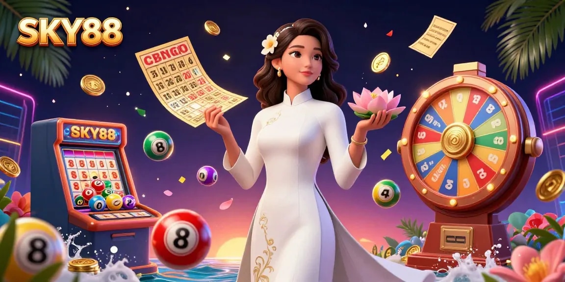 Engage in exciting games at SKY88, featuring a serene Asian woman amidst dynamic lottery elements and vibrant casino visuals.