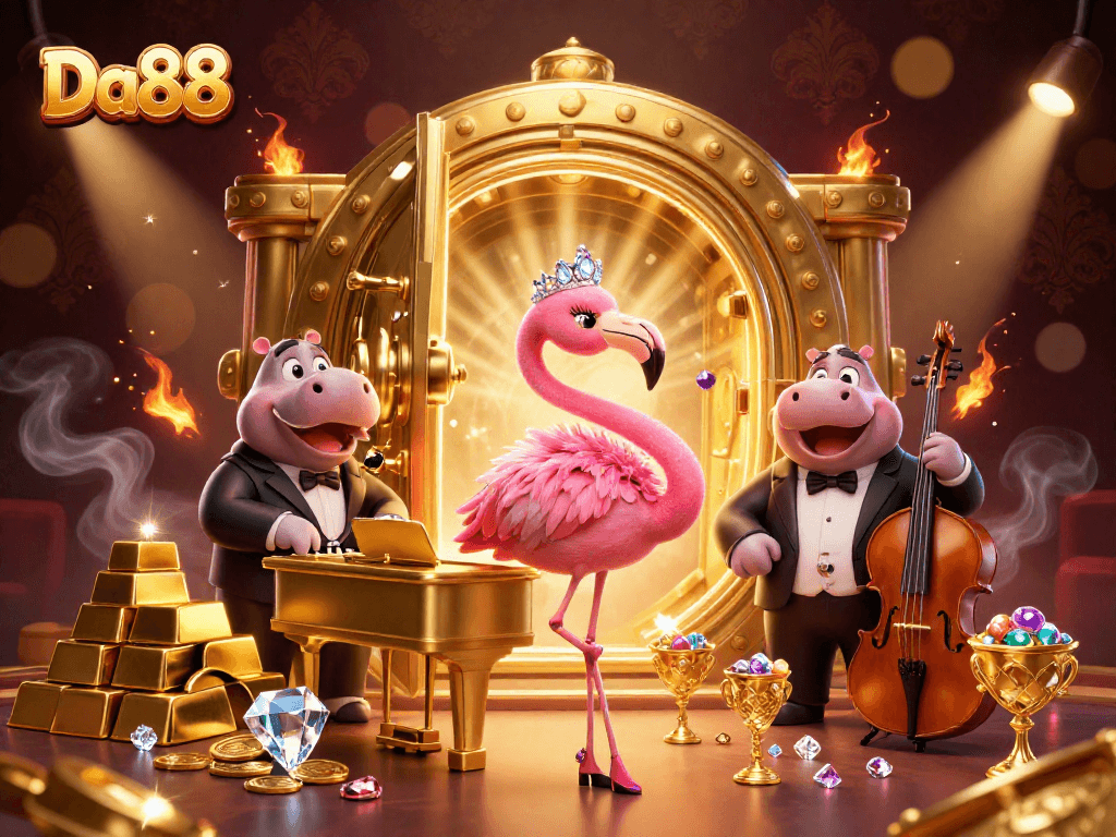 Experience thrilling gameplay with Da88’s vibrant casino atmosphere featuring singing flamingo and hippo bassist.