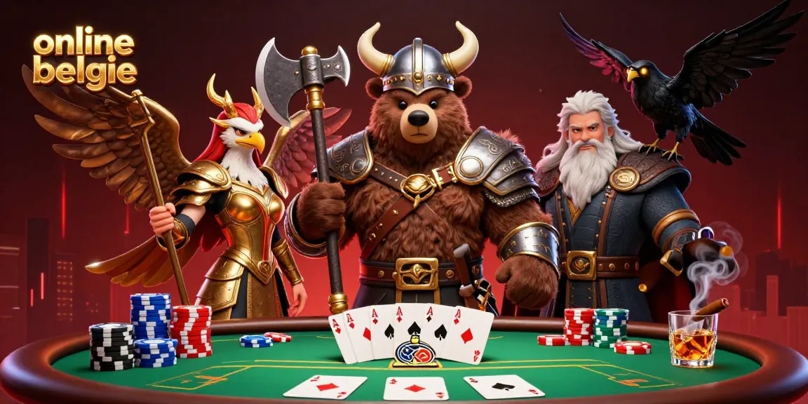 Engaging scene of online casino belgie with Viking bear and Valkyrie eagle characters amidst poker elements.