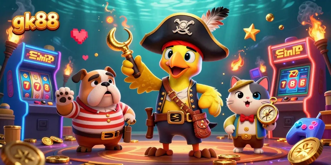 Engage in thrilling games with gk88 featuring a pirate captain, bulldog mate, and cat navigator in a vibrant casino scene.
