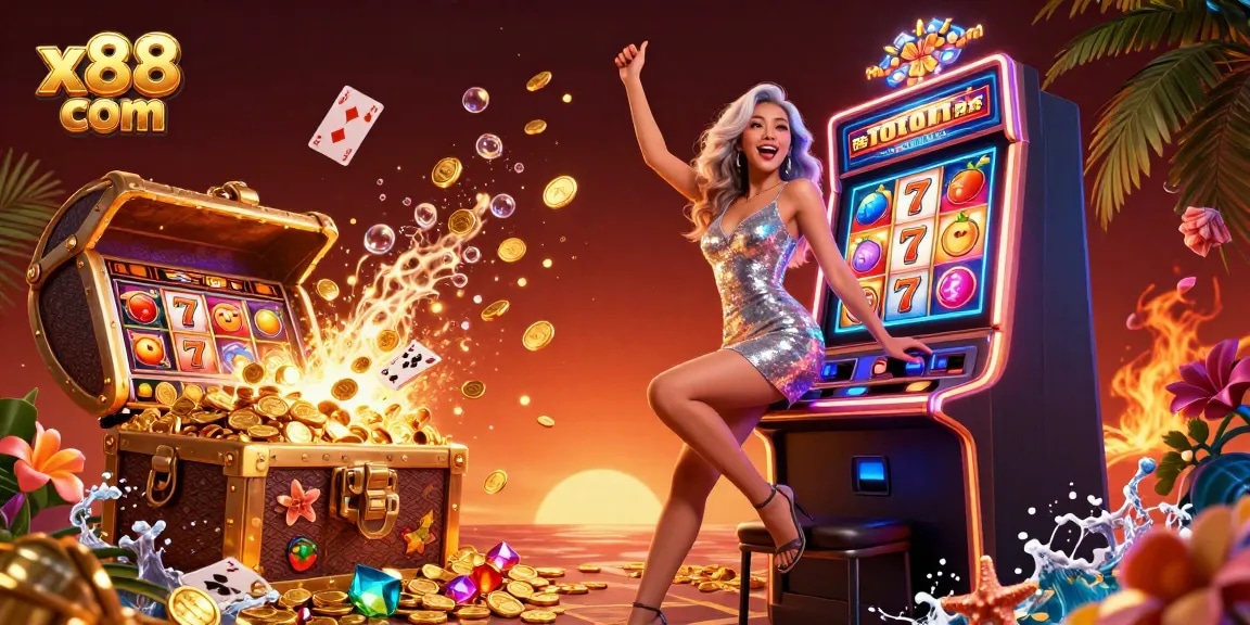 Experience wins at x88 com with a stunning jackpot celebration in a vibrant casino scene.