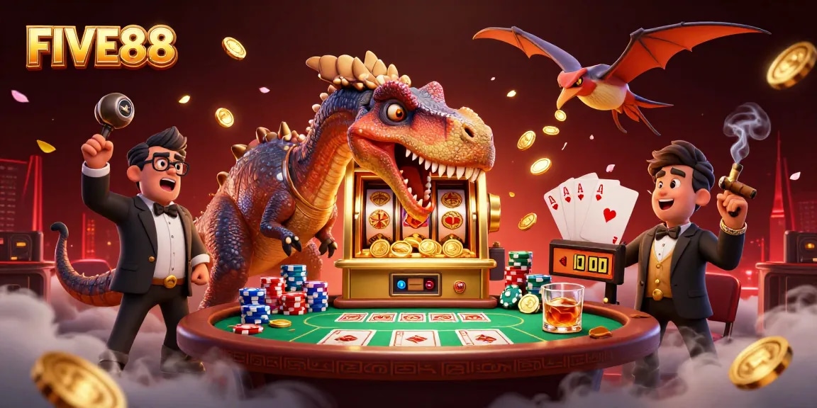 FIVE88 casino scene featuring a pachycephalosaurus celebrating a jackpot with coins flying around.