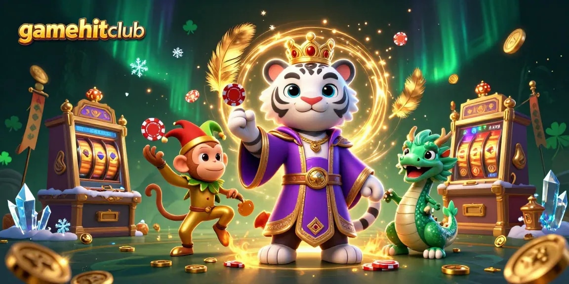 gamehitclub spins vibrant slot reels with a playful tiger, monkey, and jade dragon illustration.