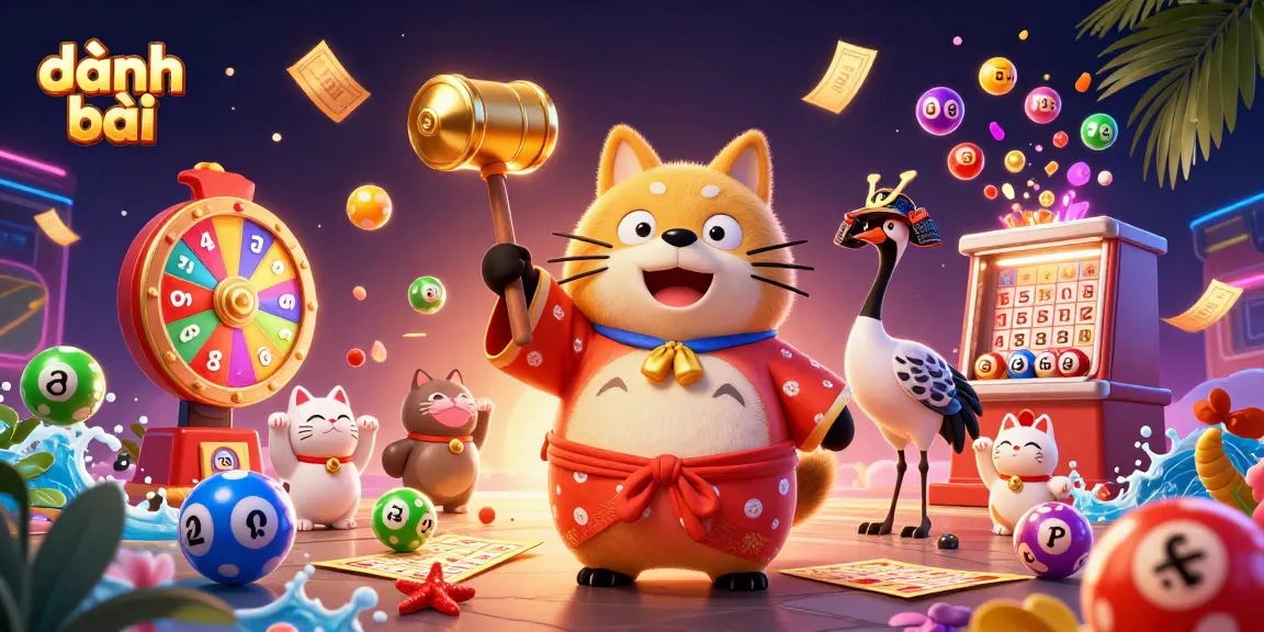Engage in đánh bài with lively tanuki and friends celebrating luck and fortune.