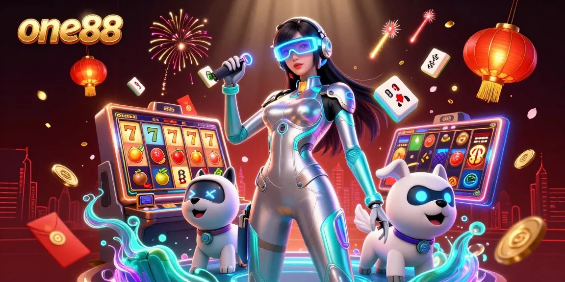Experience exhilarating gameplay at one88 featuring vibrant slot reels and dynamic casino characters.