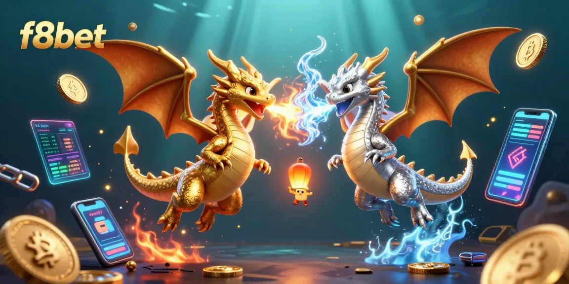 Play with f8bet and win big in this vibrant 3D casino fantasy scene featuring dragons and cryptocurrency elements.