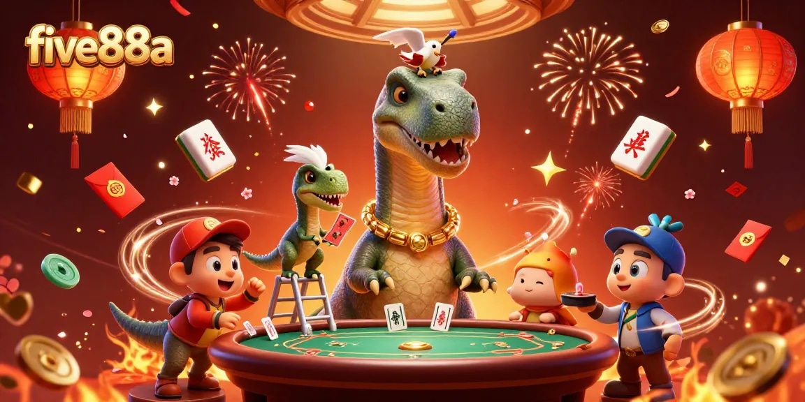 Engage with five88a's vibrant gaming scene featuring dinosaurs as dealers at a lively poker table.