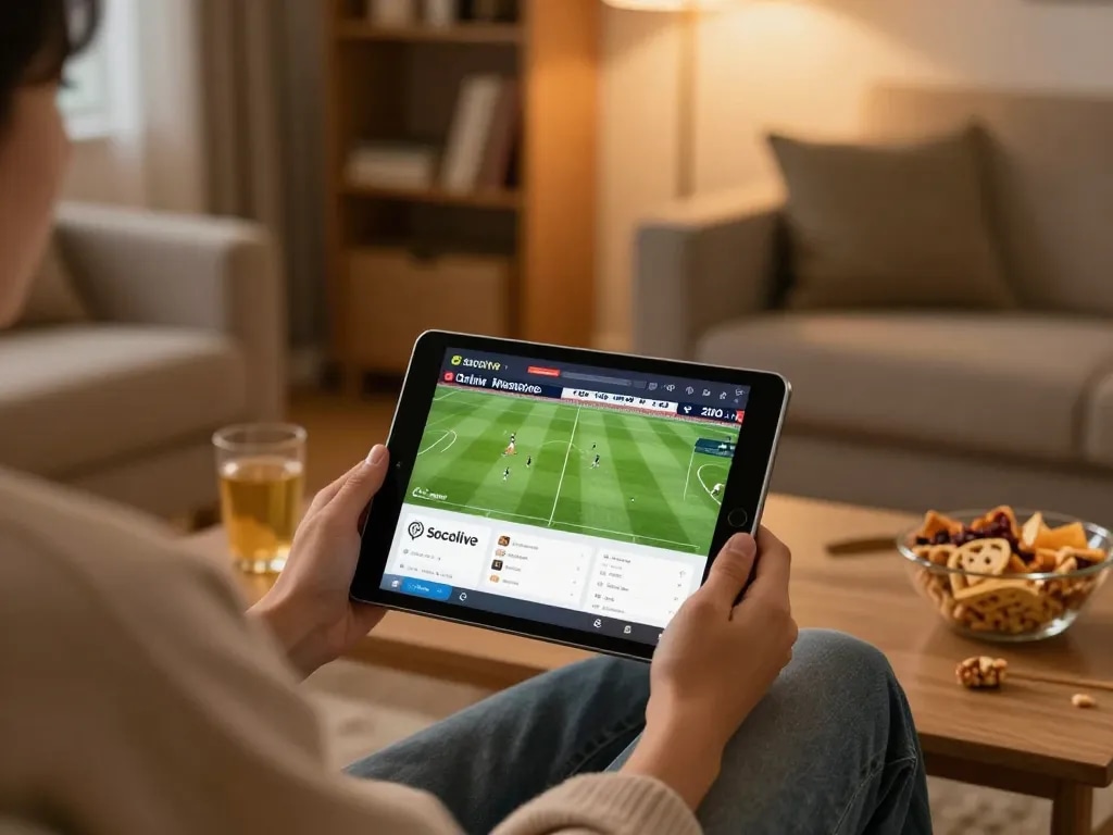 Xem bóng đá Socolive on a tablet in a cozy living room with warm lighting and snacks.