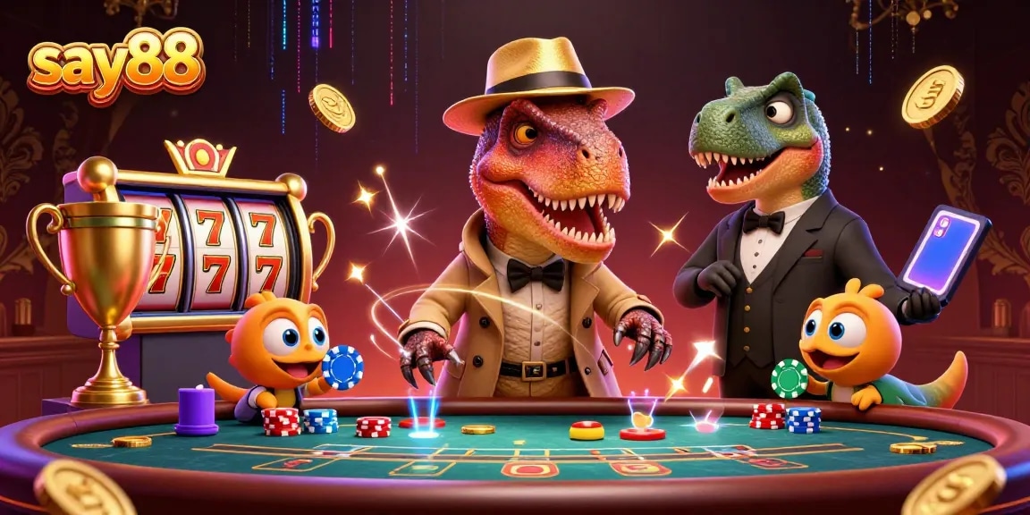 Experience excitement at say88 with a velociraptor card counter and stegosaurus pit boss in a thrilling casino scene.