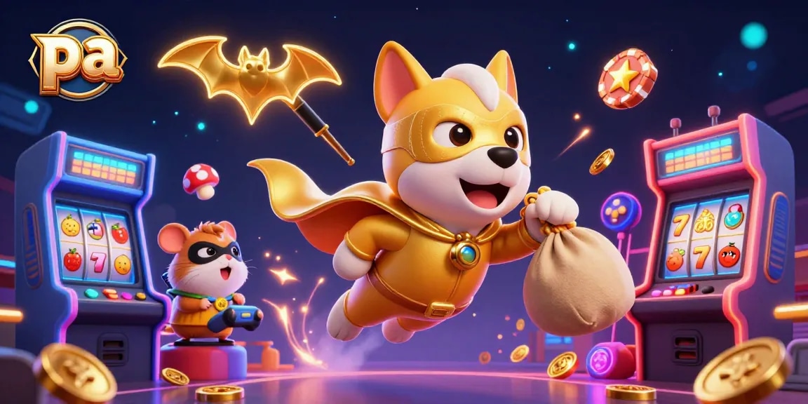 The superhero dog symbolizes the pa gaming fun, soaring with gold coins and a poker chip signal.