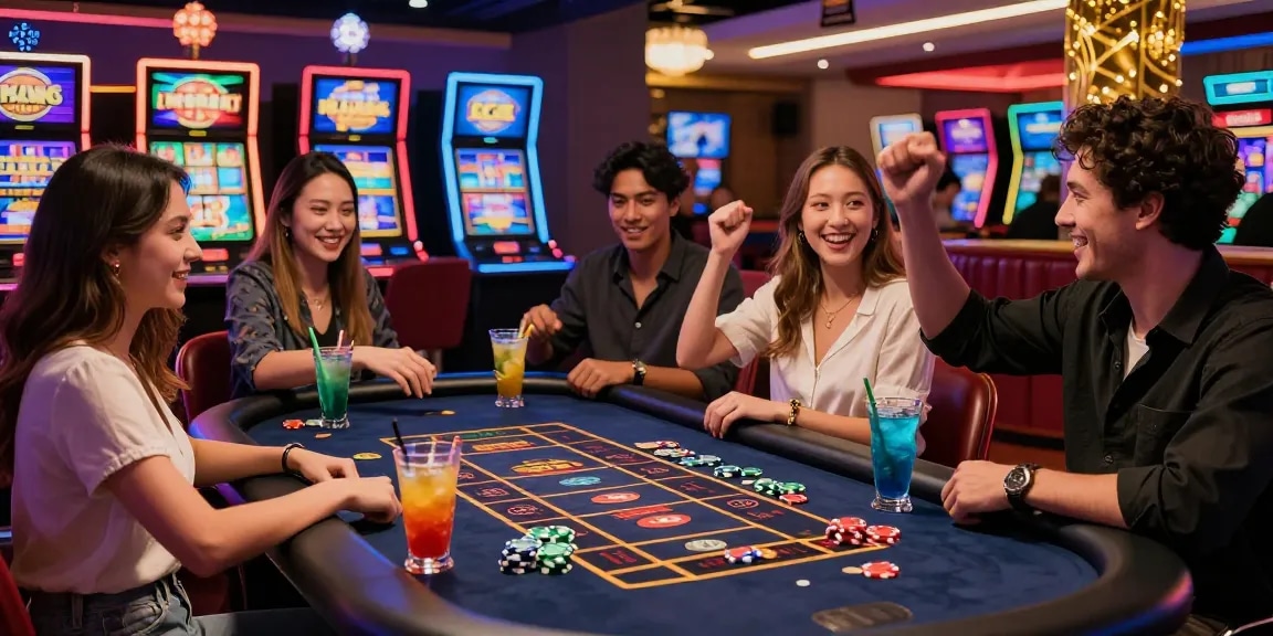 Exciting KO66 casino scene with players celebrating a win at a vibrant gaming table.