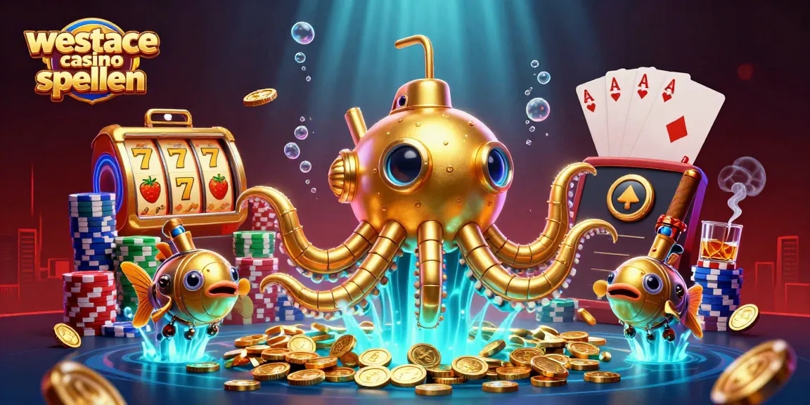 Speel WestAce casino spellen met de mechanische kraken en gouden munten in dit levendige 3D-ontwerp.