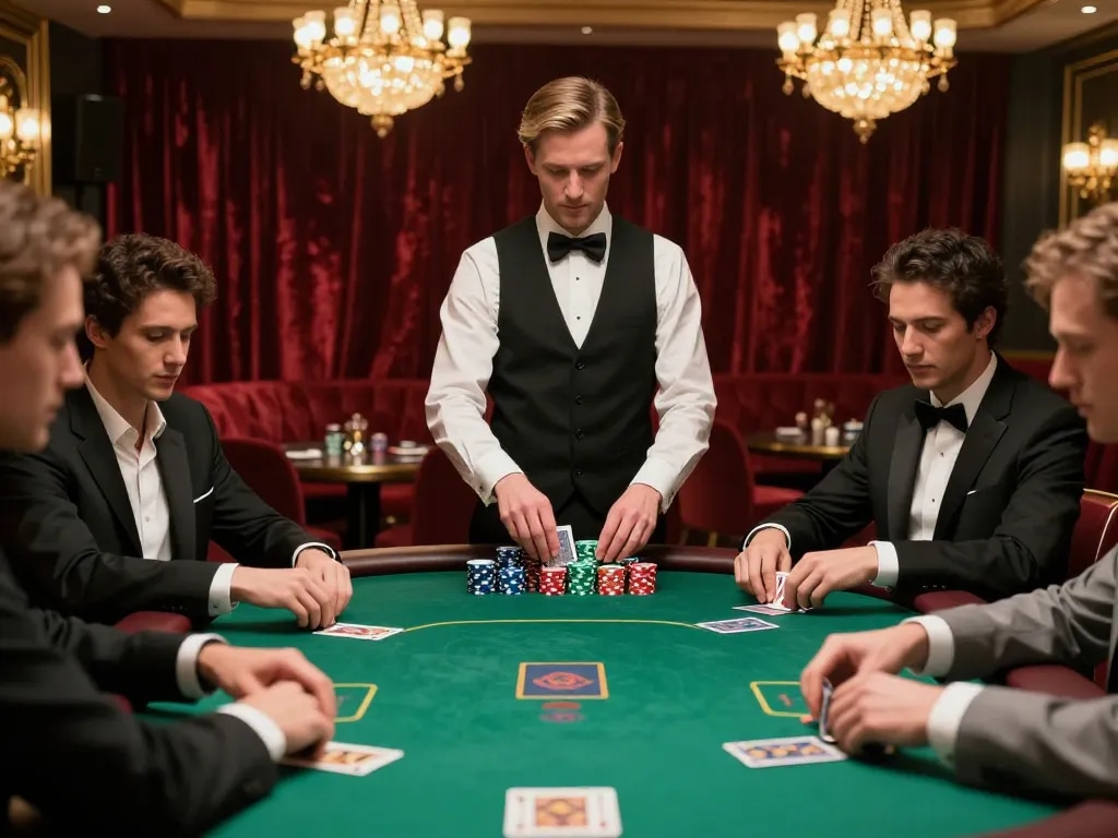 Players enjoy a strategic poker game at Say88's upscale casino, showcasing high stakes and elegant ambiance.