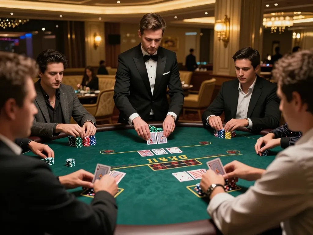 pemain rokok88 merencanakan strategi di meja blackjack mewah, suasana hidup dengan chip dan kartu