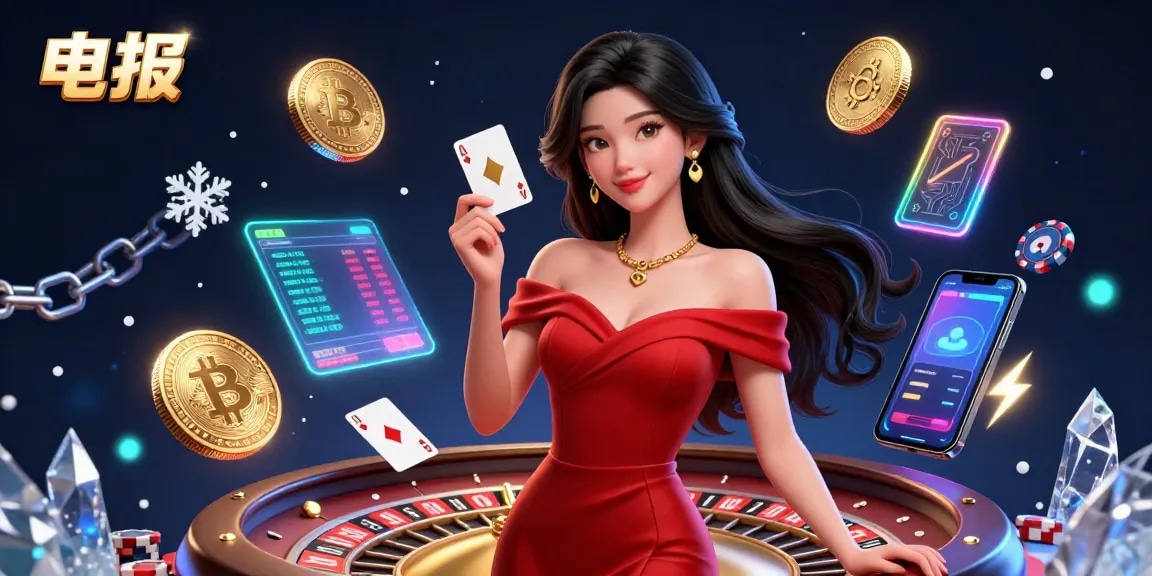 在生动的3D赌场场景中体验电报的成功,优雅的女性手持一张扑克牌。