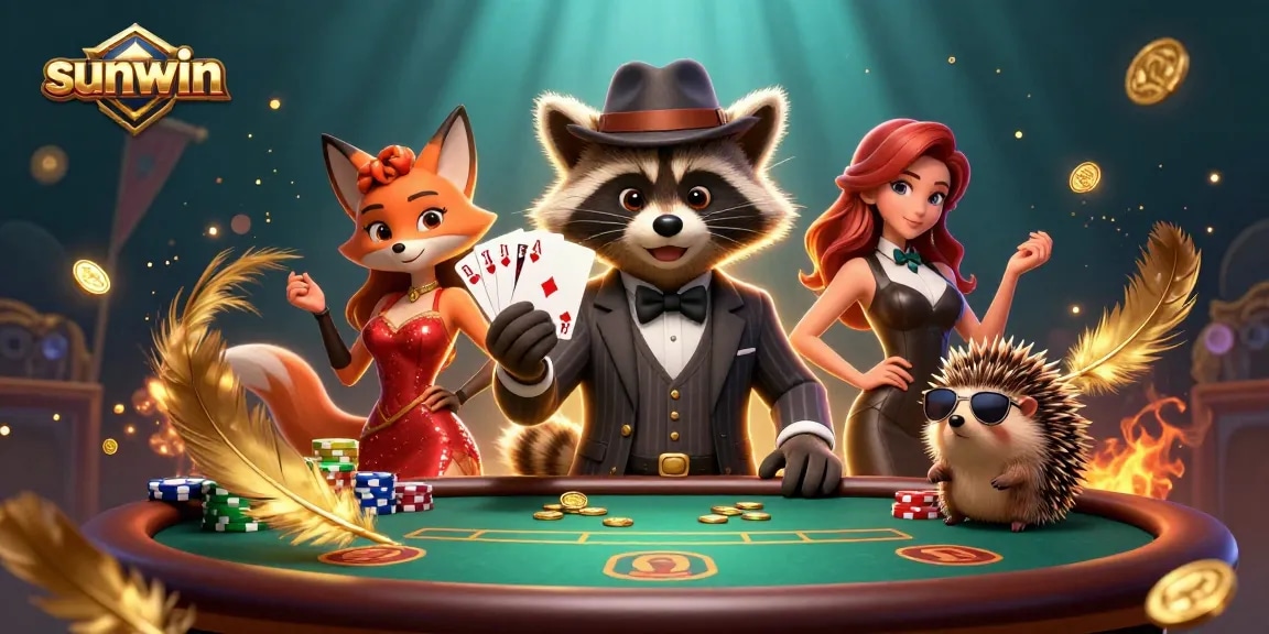Experience thrilling poker action with sunwin by animated raccoon and fox characters at a vibrant casino