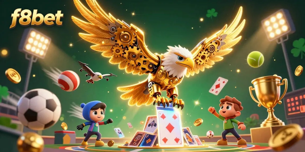 Experience the thrill of f8bet with a cybernetic eagle in a dynamic casino scene filled with sports and gaming elements.