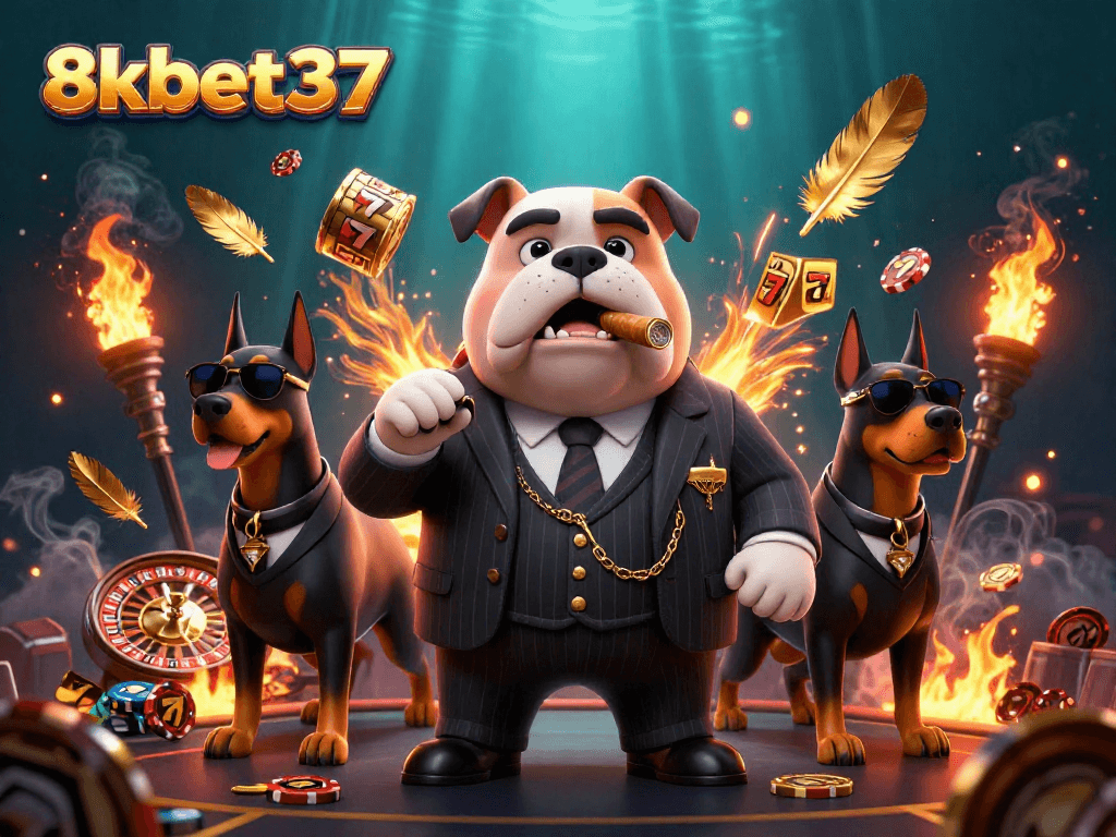 Experience the excitement of 8kbet37 with our dynamic mafia-themed casino illustration, featuring rich game elements.