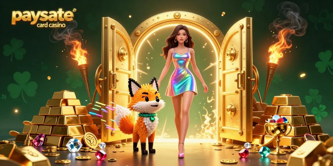 Erleben Sie die Aufregung des Paysafe Card Casinos mit dieser lebhaften 3D-Illustration, die eine Frau, einen digitalen Fuchs und schimmernde Schätze zeigt.
