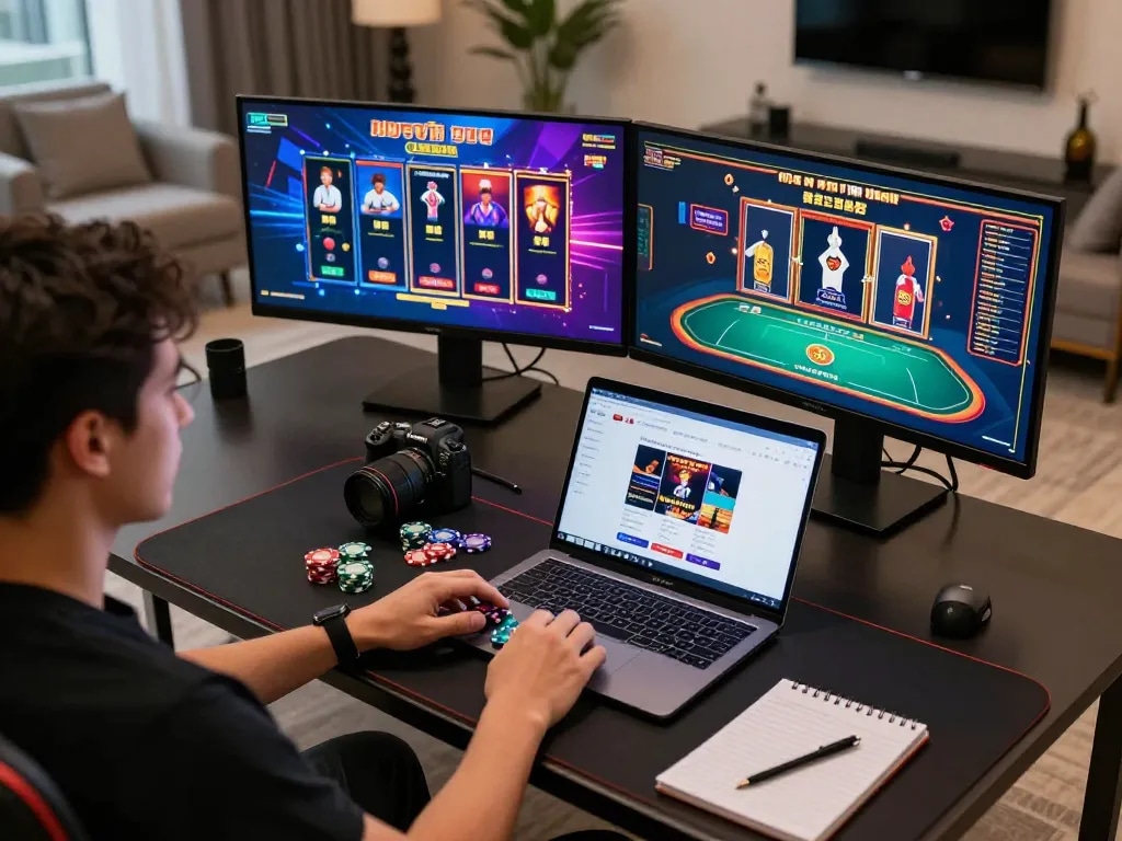 Engaged player explores 789win vip online casino, showcasing vibrant gaming setup and strategic atmosphere.