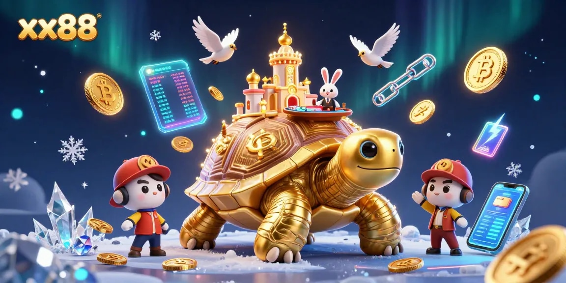 Engage with the excitement of xx88 through a vibrant casino scene featuring interactive cartoon characters and crypto elements.