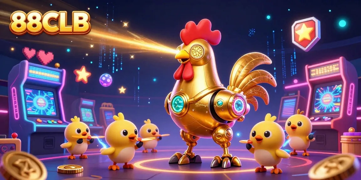 Experience thrilling gaming with 88CLB's vibrant 3D casino illustration featuring retro-futuristic characters.