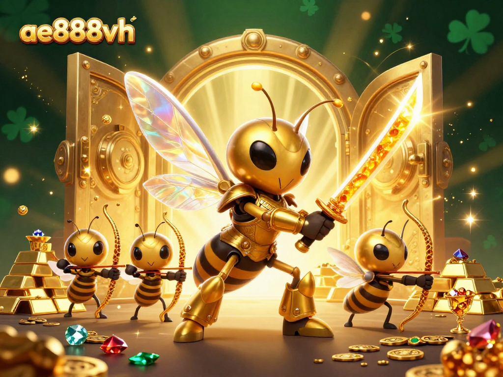 Engage with ae888vh's vibrant gaming experience featuring a golden hornet samurai and treasure.