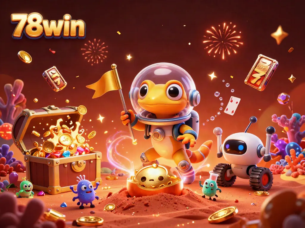 Experience the excitement of 78win as a Martian gecko uncovers a golden casino in this playful 3D illustration.