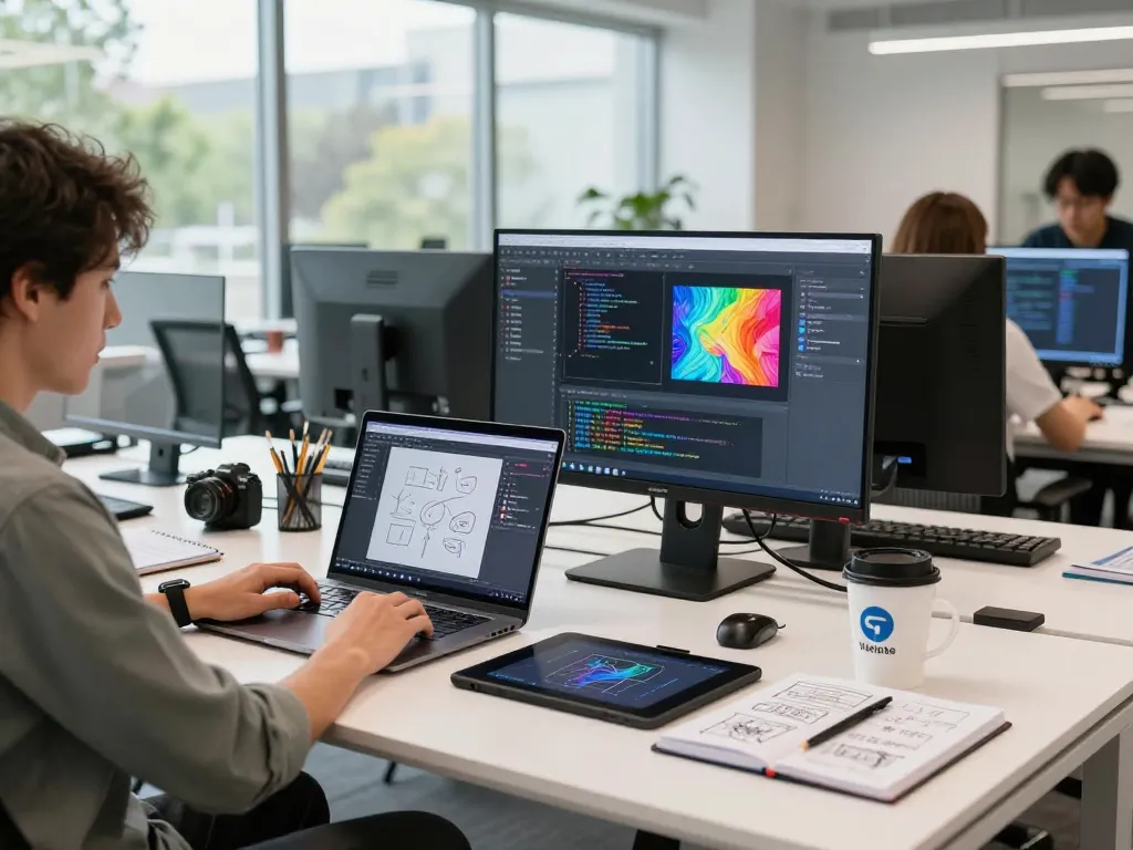 Creating stunning visuals using juicy ai technology in a modern creative workspace.
