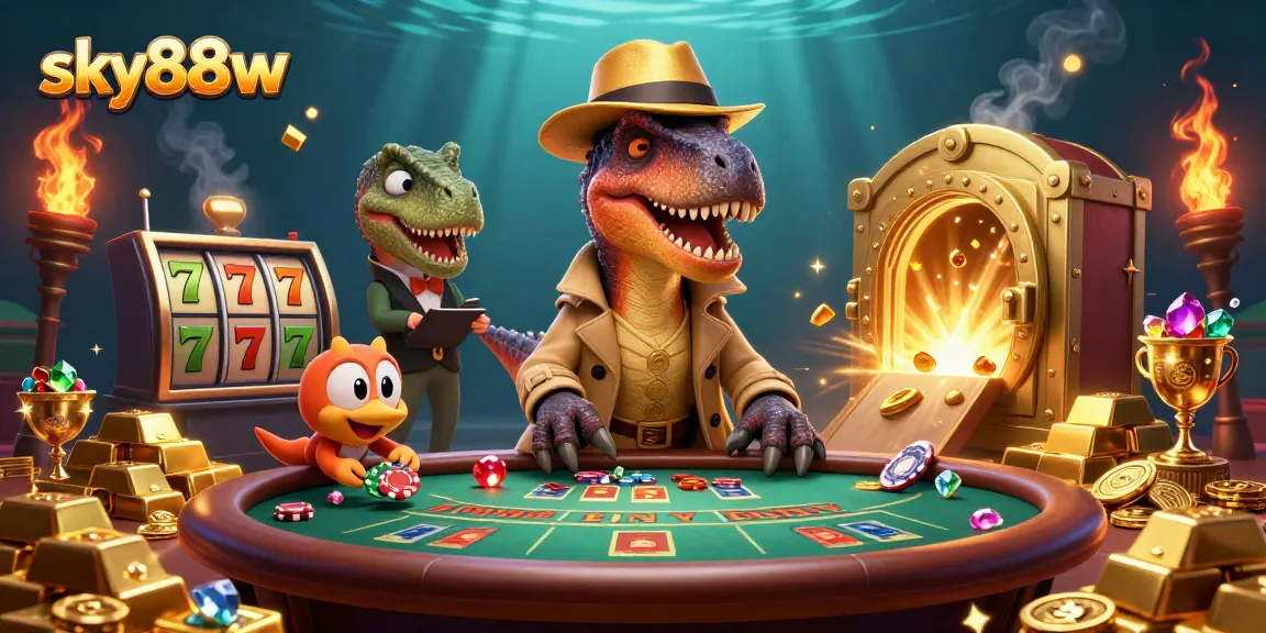 Winning at a blackjack table in a dynamic scene featuring sky88w characters and casino elements.