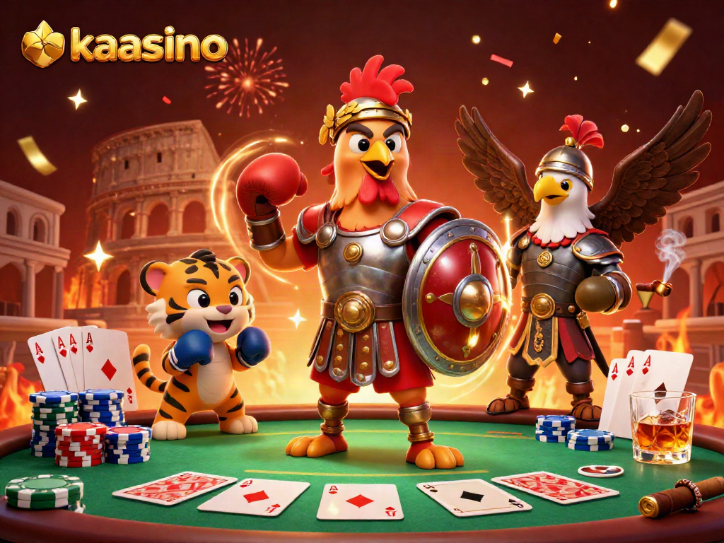 Experience thrilling wins at kaasino with a dynamic 3D casino scene of a gladiator rooster and poker elements.