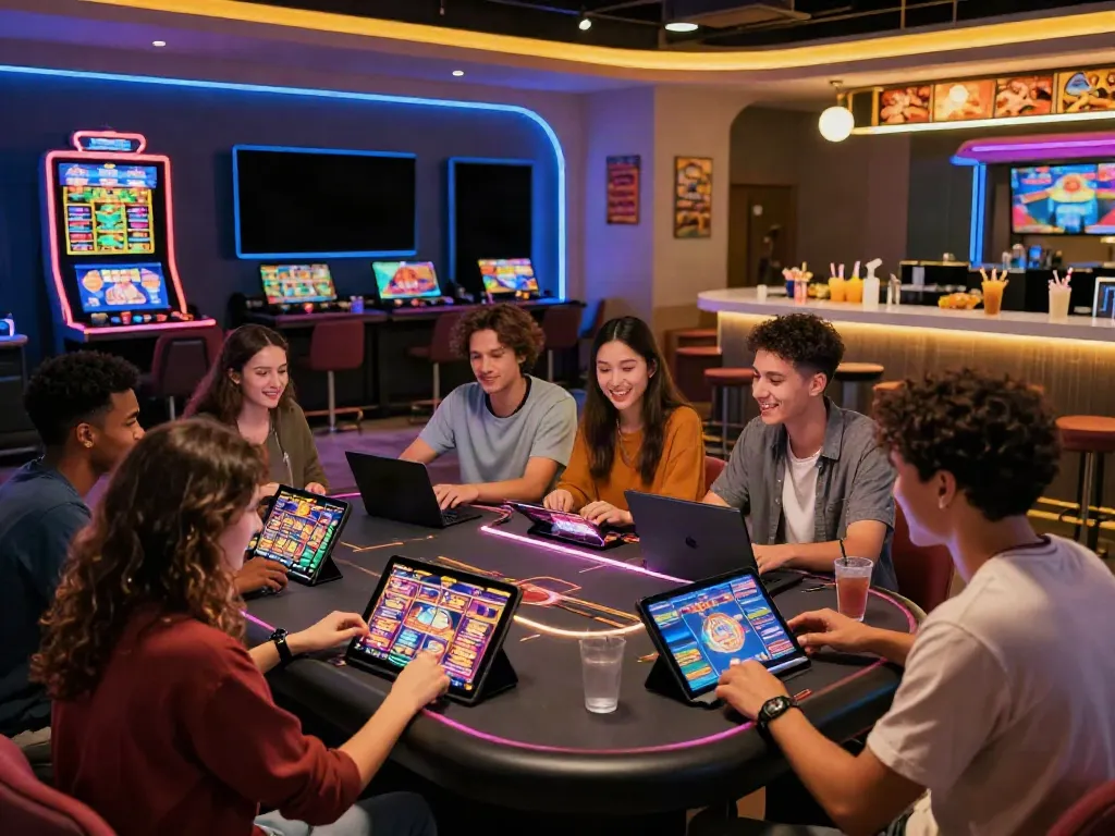 Engaging online gaming experience at https://da88z.net/ showcasing friends enjoying slot games in a vibrant digital gaming lounge.
