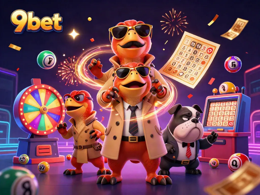Experience the excitement of 9bet with raptors stylishly infiltrating a casino scene with colorful lottery elements.