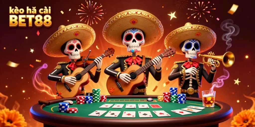 Experience the excitement of kèo nhà cái BET88 with vibrant mariachi characters and thrilling poker action.