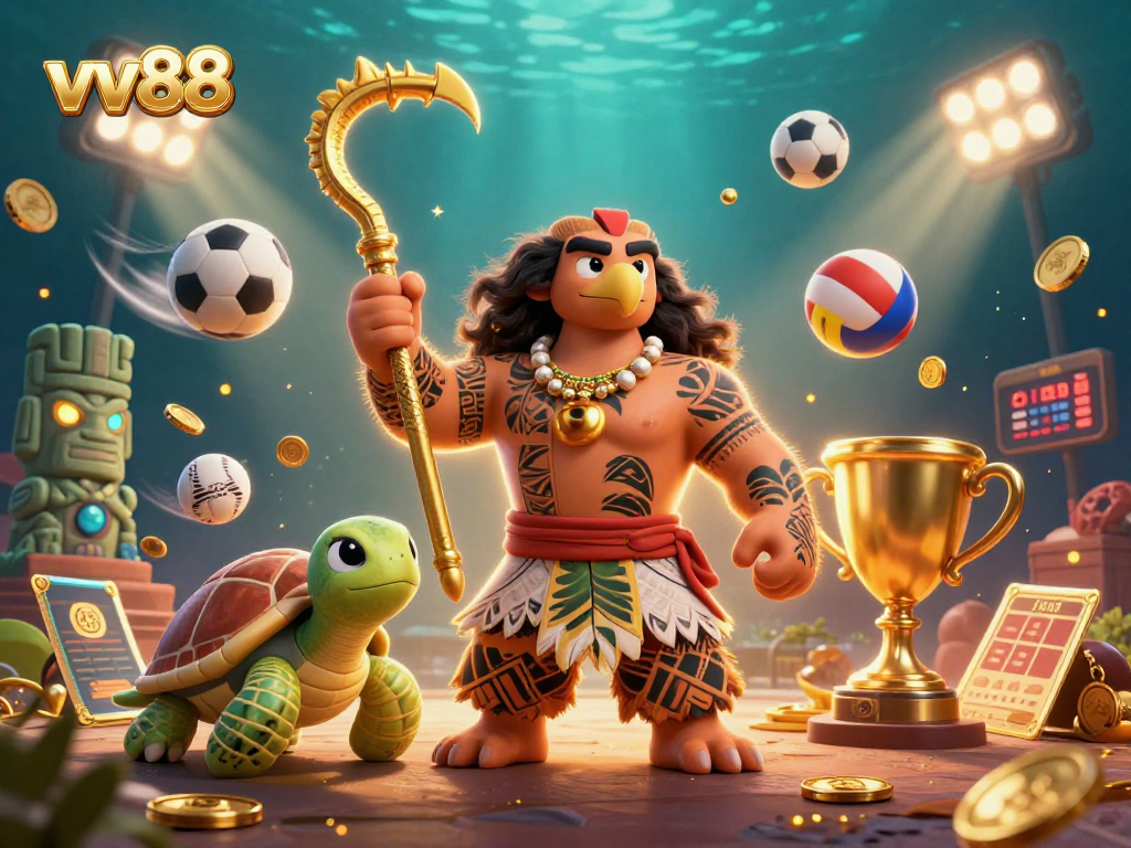 Catch thrilling sports action with vv88, featuring a dynamic 3D Polynesian demigod surrounded by vibrant game elements.