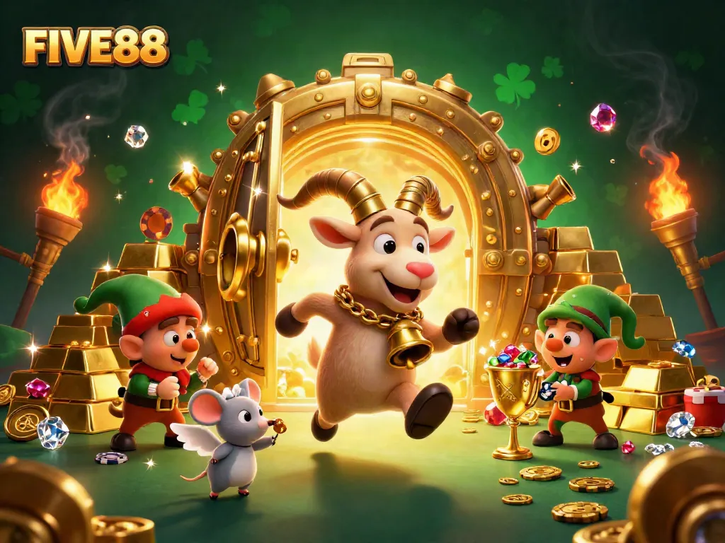 Engage in thrilling gameplay at FIVE88's festive casino with lively characters, gold treasures, and a magical atmosphere.