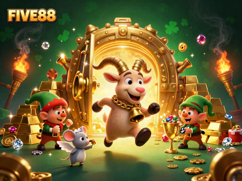 Engage in thrilling gameplay at FIVE88's festive casino with lively characters, gold treasures, and a magical atmosphere.