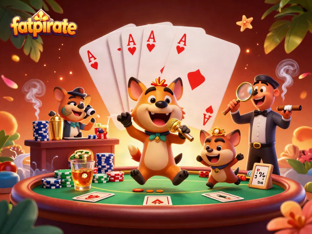 Experience the thrilling atmosphere of fatpirate casino with lively hyenas and poker action.