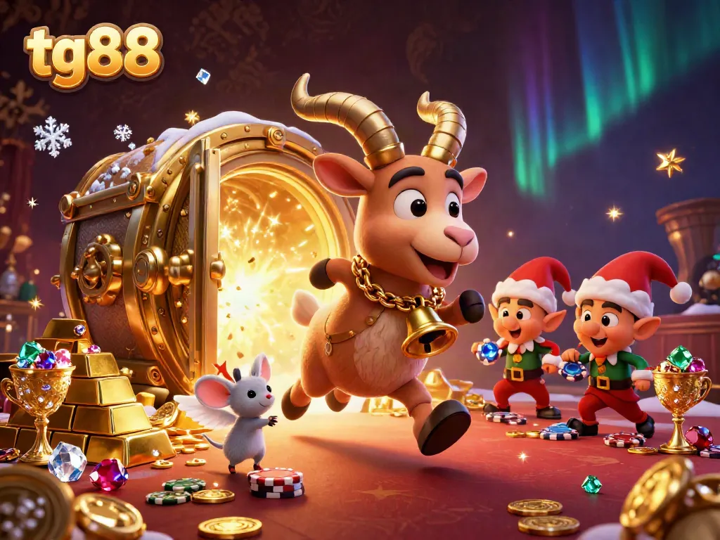 Watch the festive Krampus goat managing a lively tg88 casino scene filled with gems and gold.