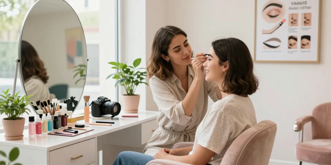 Permanente wenkbrauwen applicatie in een helder beauty studio, met een schoonheidsspecialiste en klant interactie.