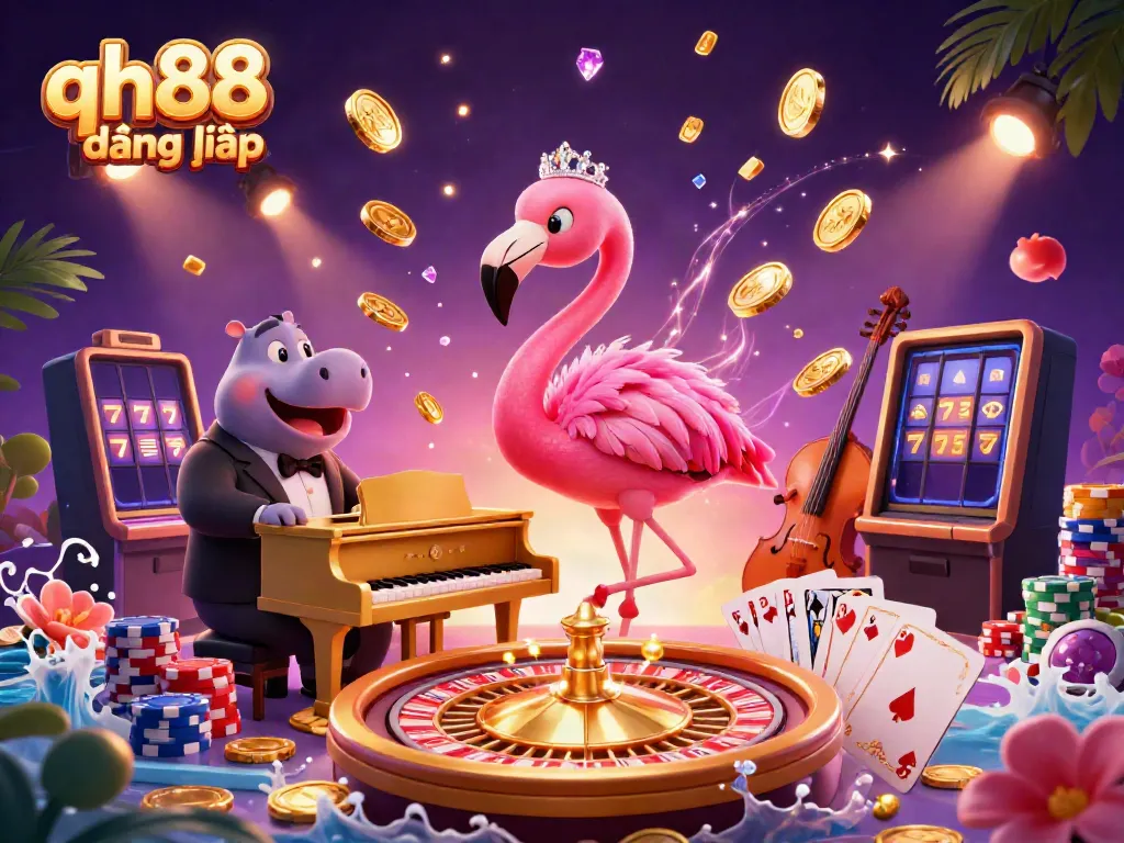 Experience qh88 đăng nhập with lively casino characters and vibrant game elements in 3D digital art.