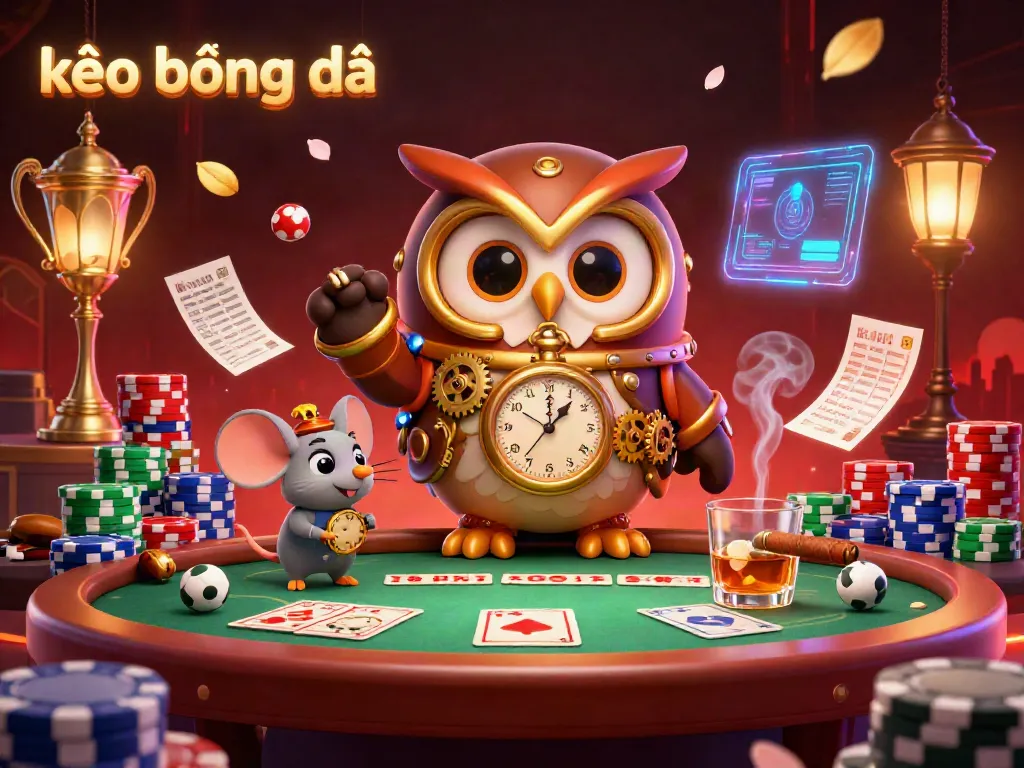 Engage with kèo bóng đá in this vibrant illustration showcasing sports betting excitement with playful characters and casino elements.
