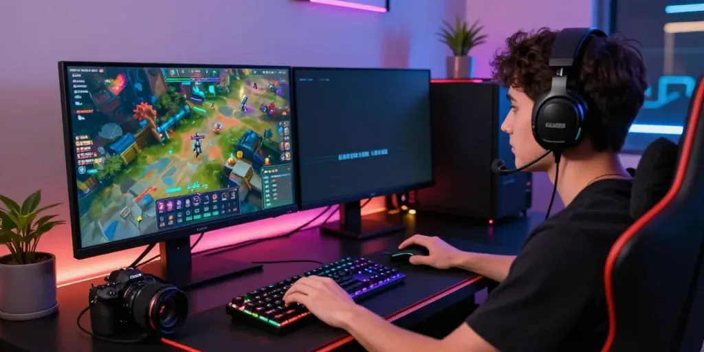 Engaged gamer at desk playing KU88 online games with vibrant graphics in 2026.