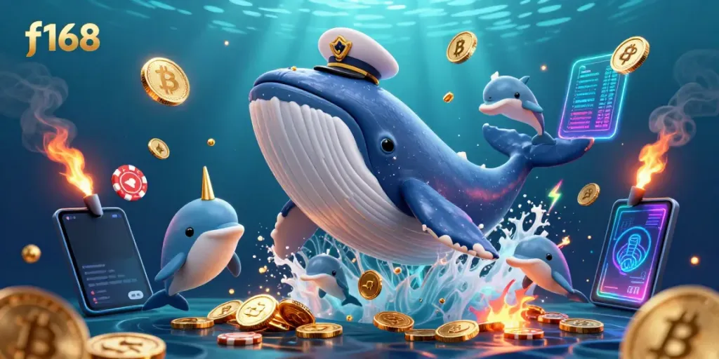 This vibrant 3D illustration brings f168 to life with a whimsical whale and dolphin characters immersed in a treasure of coins, enhancing the thrill of online gaming.