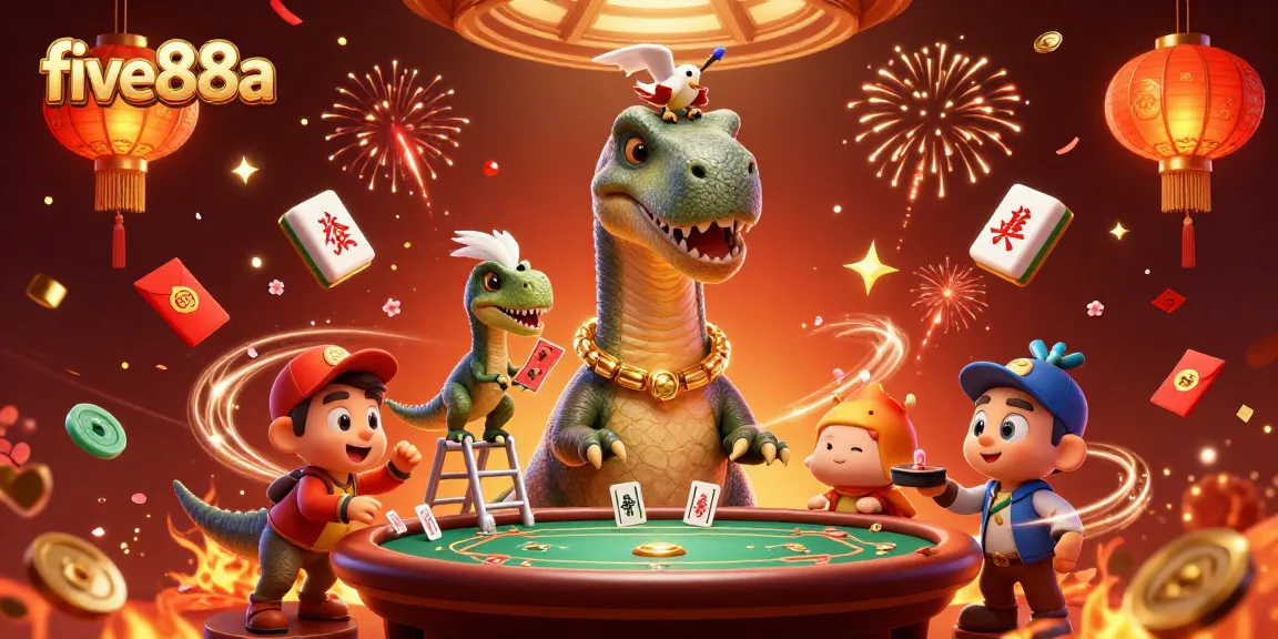 Engage with five88a's vibrant gaming scene featuring dinosaurs as dealers at a lively poker table.
