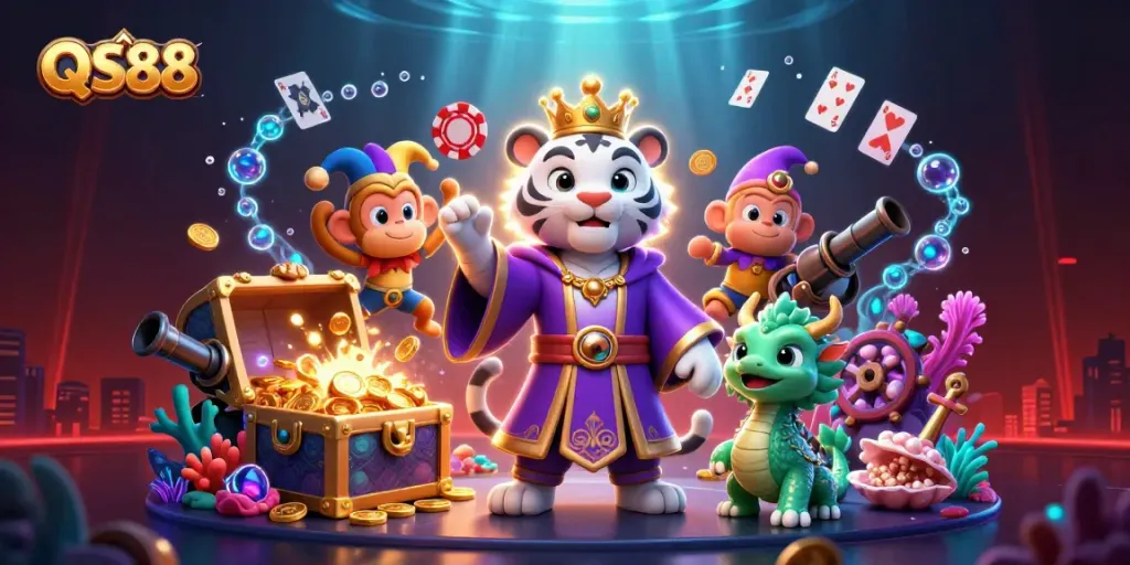 Experience exciting gambling at QS88 with fun characters and lively casino elements.