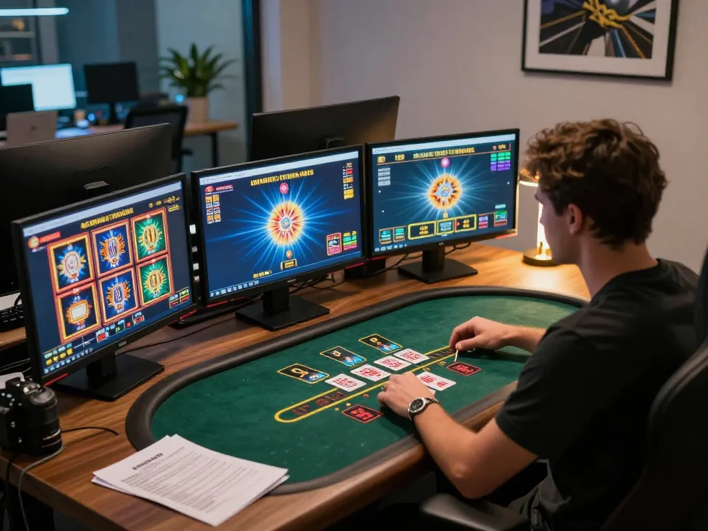 Engaging in online casino gaming at jus77 with multiple games displayed on a modern setup