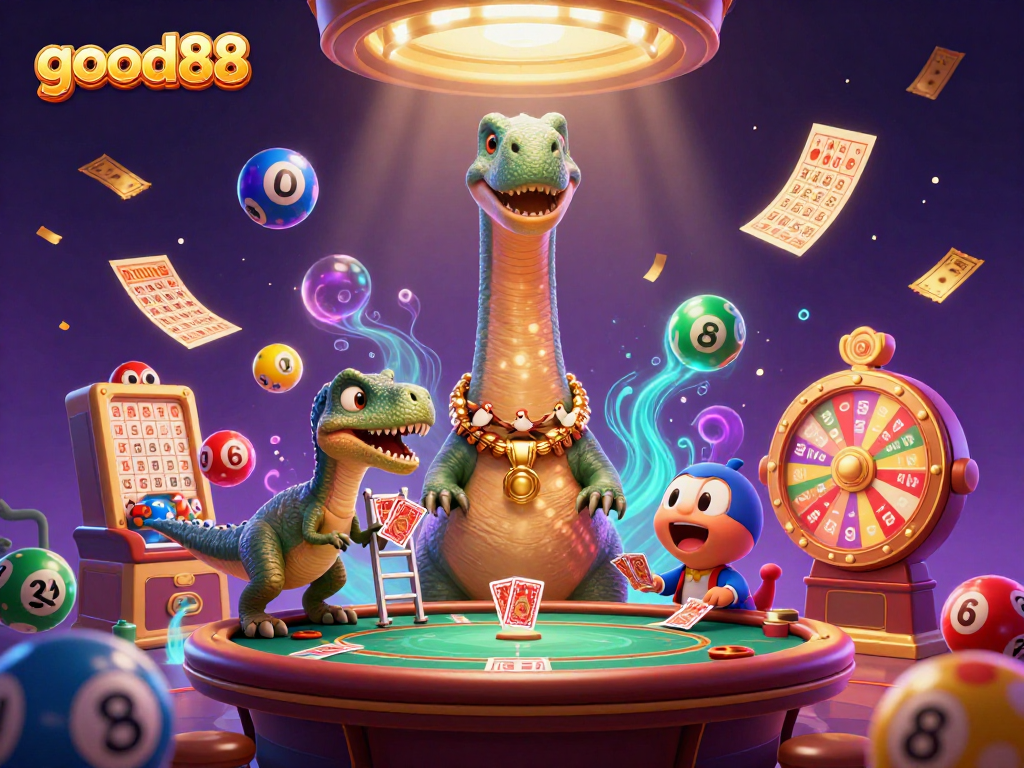 Experience thrilling gameplay at good88 with a 3D illustration of the fun casino environment.